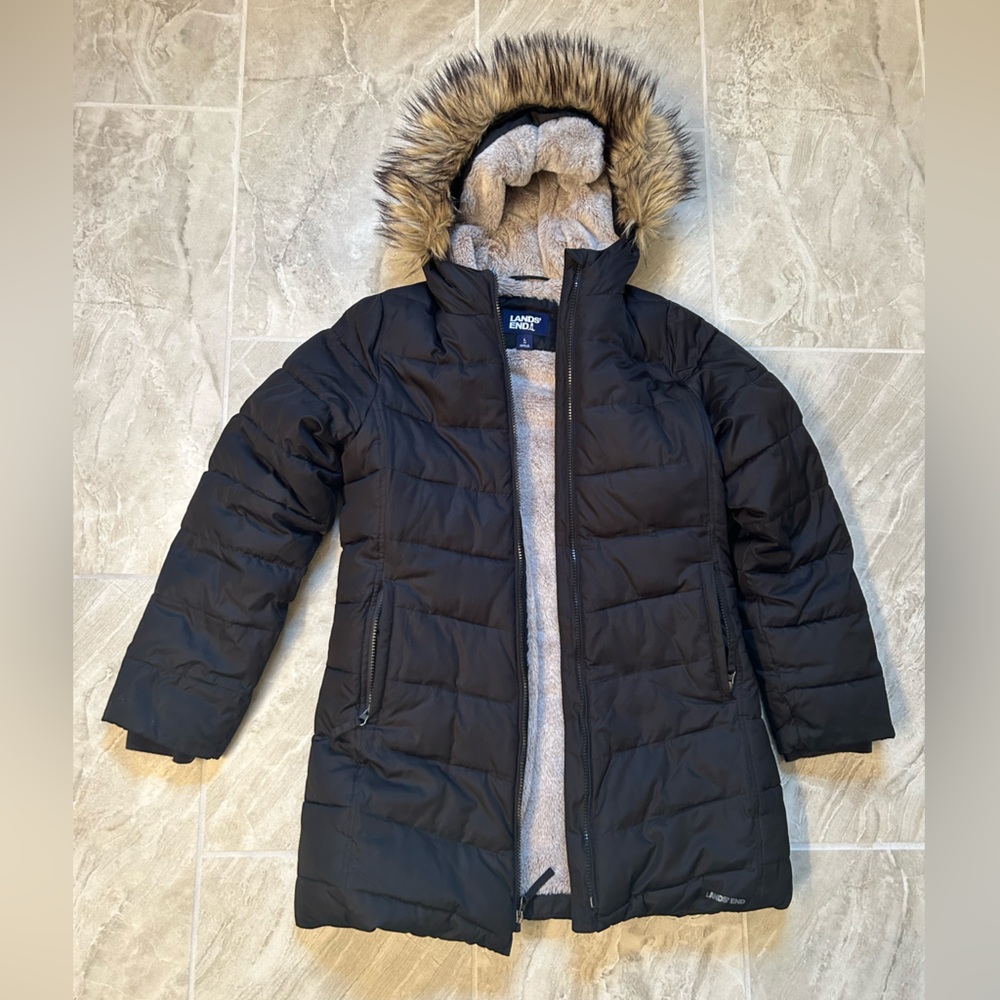 100% fleece lined black girls coat, size 14 lands end Thermoplume